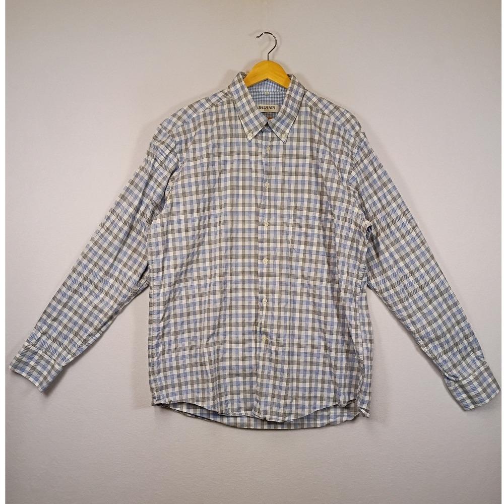 Designer Balmain Paris Mens XL Blue Grey Check Mercerized Cotton Button Down
